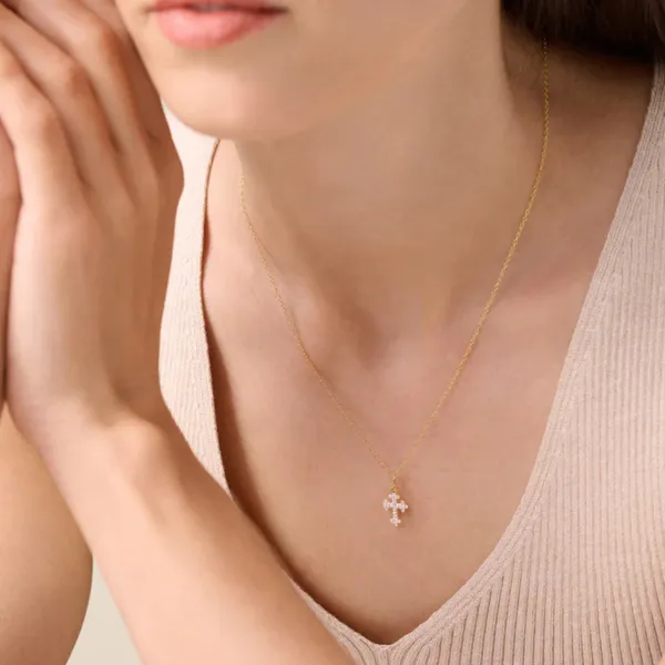 Lab Grown Diamond Yellow Gold Plated Cross Necklace, .10ctw Image 4 SVS Fine Jewelry Oceanside, NY