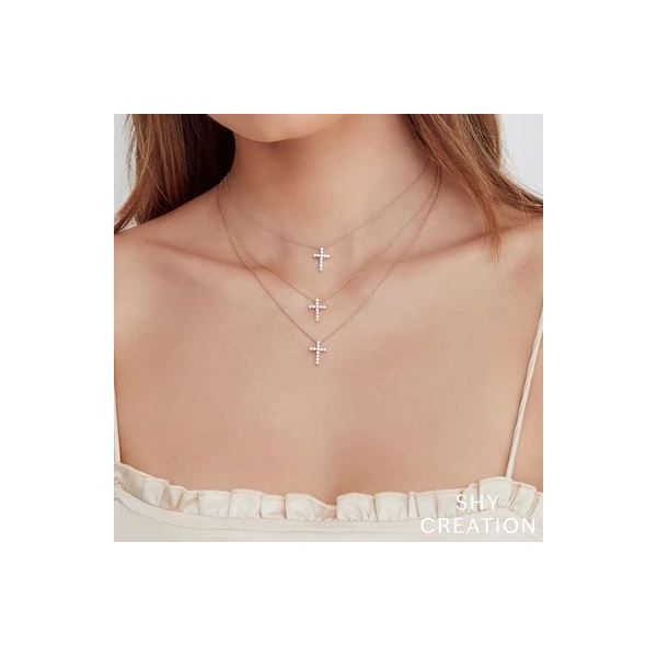 Shy Creation White Gold And Diamond Cross Necklace Image 2 SVS Fine Jewelry Oceanside, NY