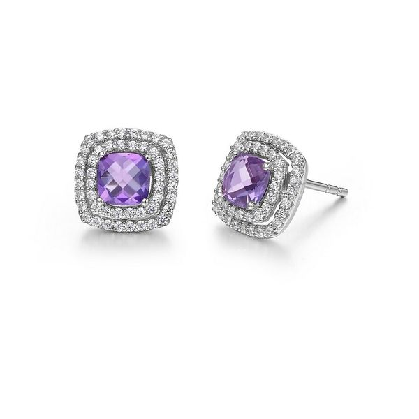 Lafonn Silver Aria Amethyst Cushion Double Halo Earrings SVS Fine Jewelry Oceanside, NY