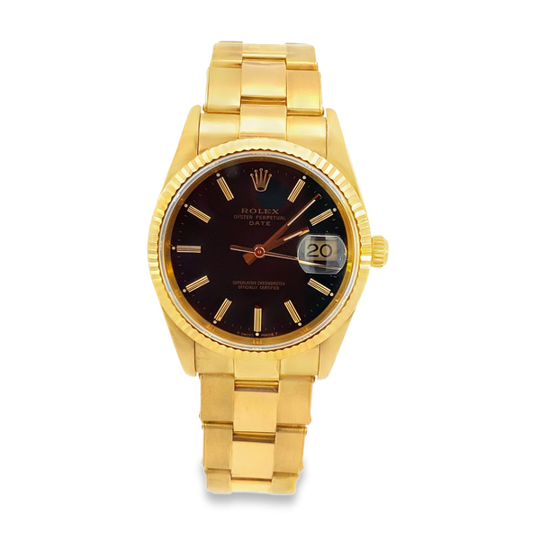 Pre-Owned Rolex Date 15238 18K Yellow Gold Black Dial Fluted Bezel 34mm Image 2 SVS Fine Jewelry Oceanside, NY