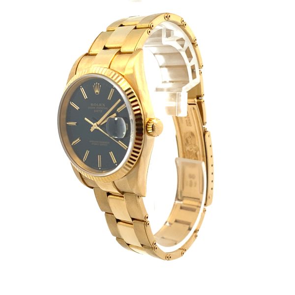 Pre-Owned Rolex Date 15238 18K Yellow Gold Black Dial Fluted Bezel 34mm Image 3 SVS Fine Jewelry Oceanside, NY