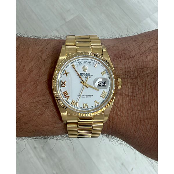 Pre-Owned Rolex Day-Date 36 President 18038 18K Yellow Gold White Roman Dial SVS Fine Jewelry Oceanside, NY