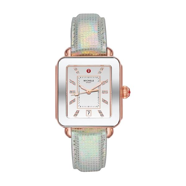 Michele Watch Deco Sport Pink Gold-Tone Aqua Topaz Dial Watch SVS Fine Jewelry Oceanside, NY