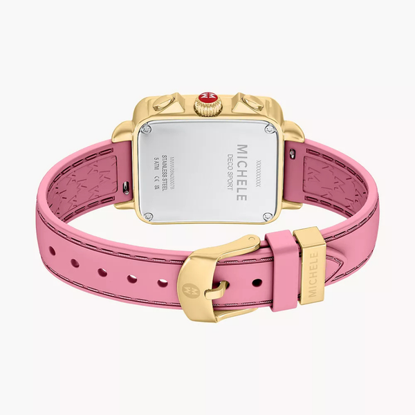 MICHELE Deco Sport Chronograph · Gold-Tone, Vintage Pink 18mm Silicone Band Image 5 SVS Fine Jewelry Oceanside, NY