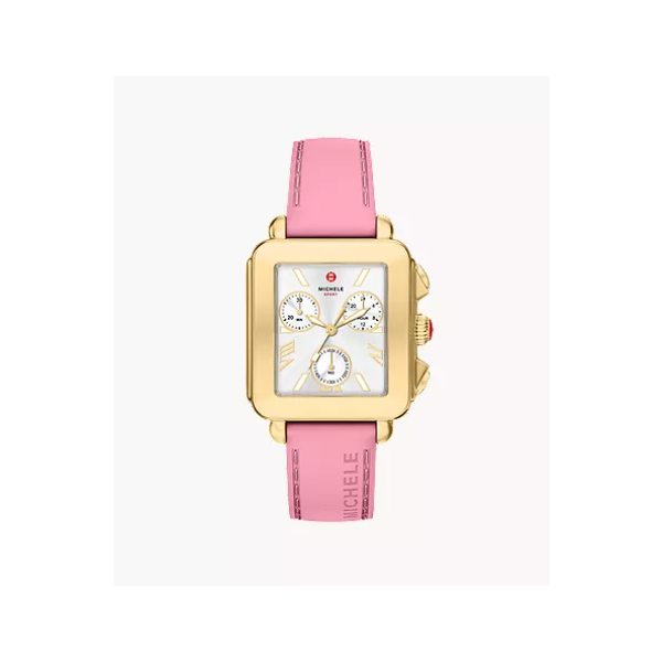 Michele Watch Deco Sport Chronograph Pink Silicone Watch SVS Fine Jewelry Oceanside, NY