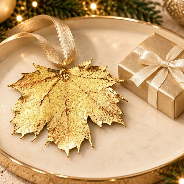 Gold Plated Sugar Maple Leaf Ornament Image 2 SVS Fine Jewelry Oceanside, NY
