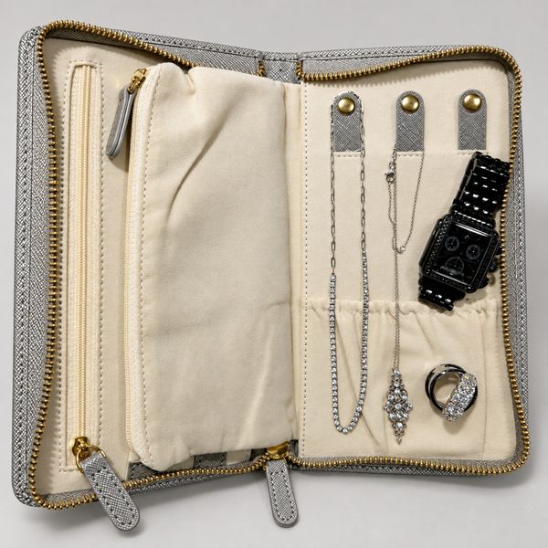 SVS travel jewelry case open showing zip pockets, necklace snaps, watch and ring