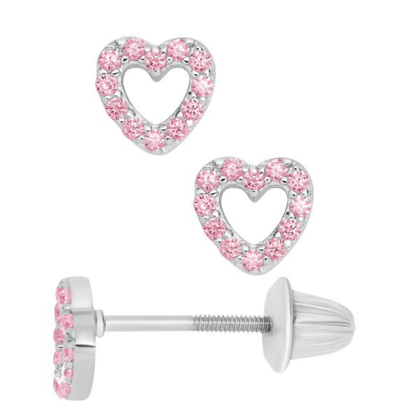 Children's Sterling Silver Pink Cubic Zirconia Open Heart Safety-Back Stud Earrings Swede's Jewelers East Windsor, CT