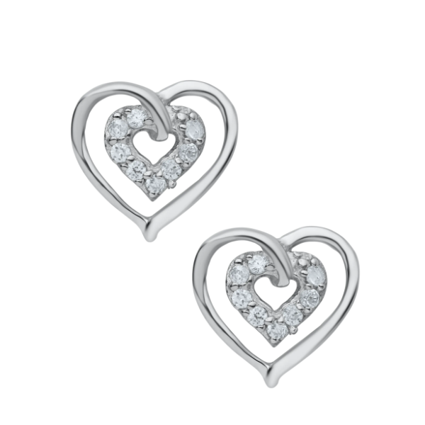 Kiddie Kraft Sterling Silver and Cubic Zirconia Heart Safety-Back Stud Earrings Swede's Jewelers East Windsor, CT