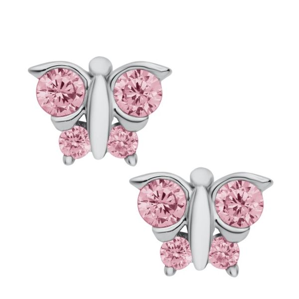 Kiddie Kraft Sterling Silver and Pink Cubic Zirconia Butterfly Safety-Back Stud Earrings Swede's Jewelers East Windsor, CT