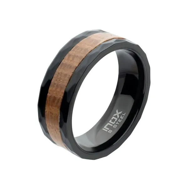 Inox Black Stainless Steel Whiskey Barrel Wood Inlay Comfort Fit Ring Size 10 Swede's Jewelers East Windsor, CT