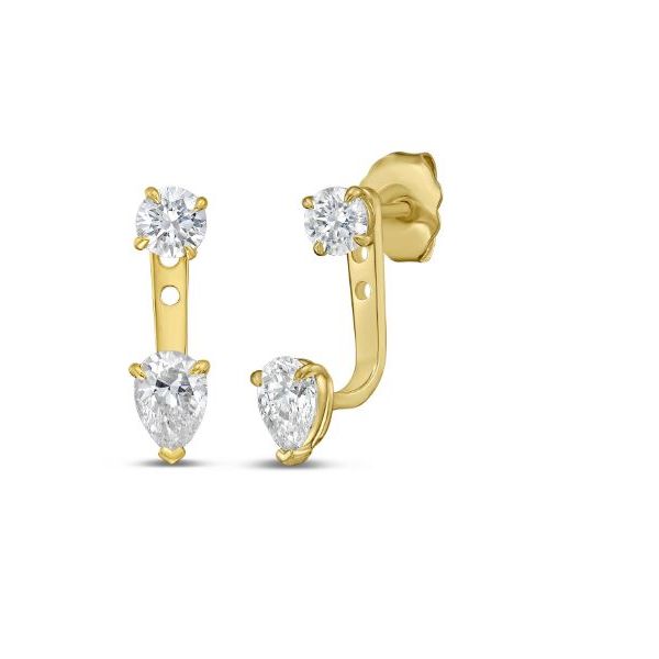 14 kt Yellow Gold Lab Grown Diamond Earrings,  2 count 0.36 Cts Round diamonds, 2 count 0.51 Cts pear shape diamonds Swede's Jewelers East Windsor, CT