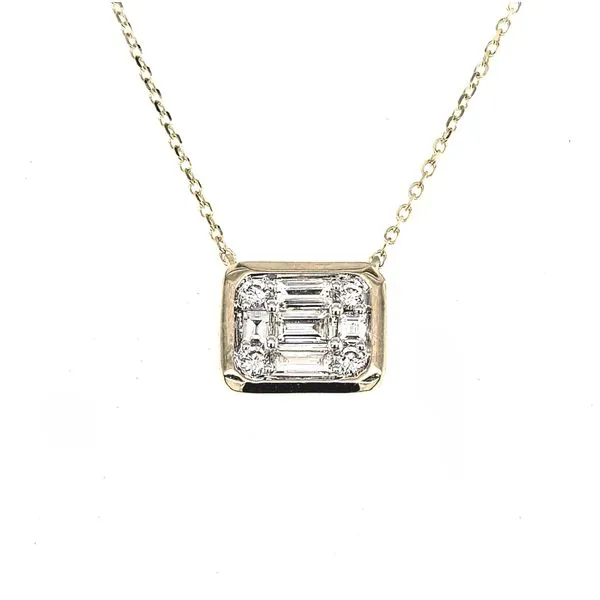 14Kt Yellow Gold Square Pendant Round & Baguettet Diamond Necklace Swede's Jewelers East Windsor, CT