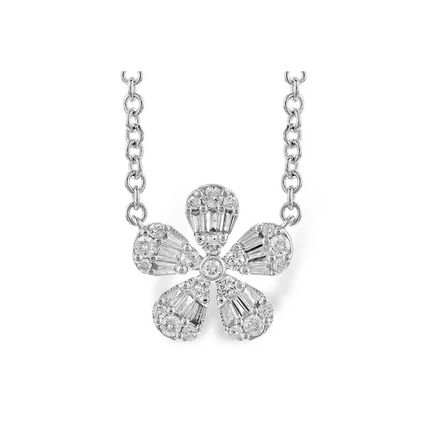 14Kt White Gold Baguette & Round Diamonds Flower Necklace Swede's Jewelers East Windsor, CT