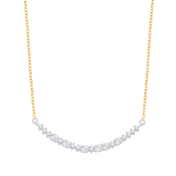 14Kt White Gold Curved Bar Diamond Pendant on Yellow Gold Chain 18