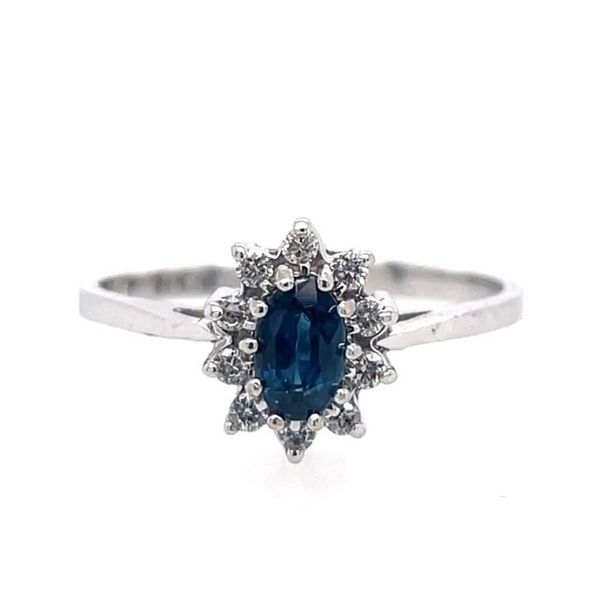 14K White Gold Princess Diana Style Ring With Sapphire and Diamond Swede's Jewelers East Windsor, CT