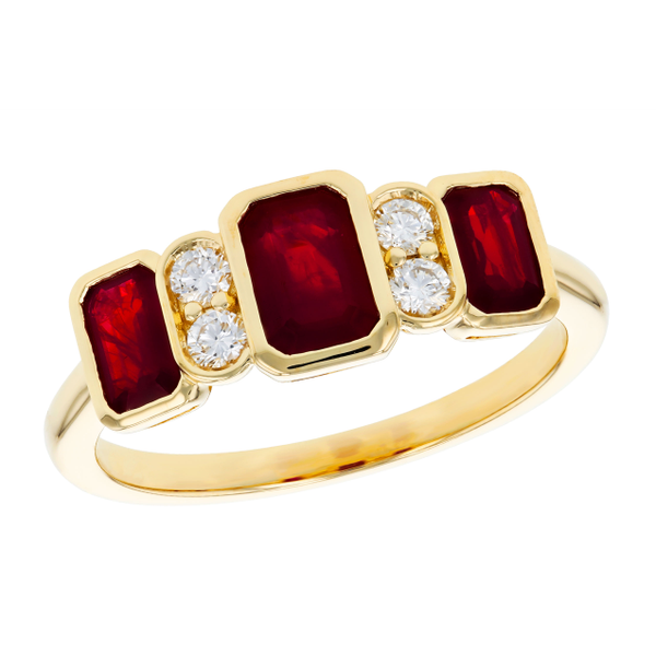 14k yellow gold ruby and diamond ring. 1.40 ct rubies, 0.15 ct diamonds. 1.55 ct total stone. Size 7. Swede's Jewelers East Windsor, CT