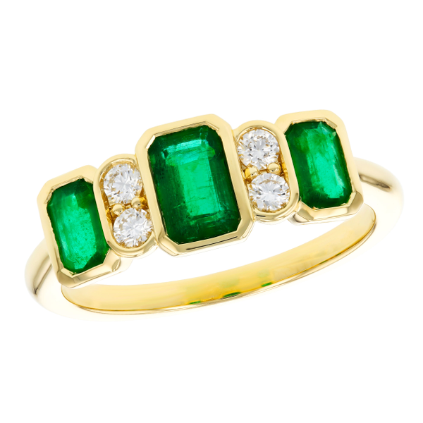 14k yellow gold emerald and diamond ring. 1.04 ct emeralds, 0.15 ct diamonds. 1.19 ct total stone. Size 7. Swede's Jewelers East Windsor, CT