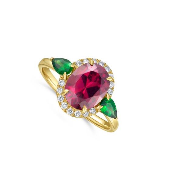 14 KT Yellow Gold  Oval Rhodolite Garnet Ring, 2.60 ct Rh, 17  0.13 ct, 1.25 mm diamonds, 2 0.42 ct  tsavorite stones Swede's Jewelers East Windsor, CT