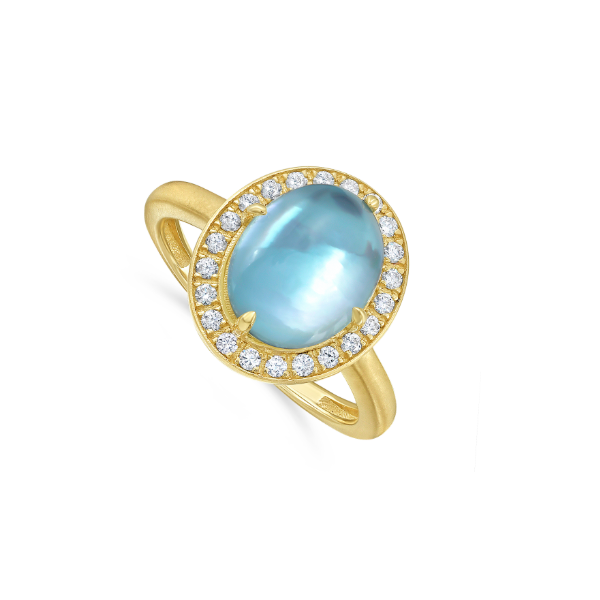 14kt Yellow Gold Cabochaun Blue Topaz and Diamond Halo Ring Swede's Jewelers East Windsor, CT