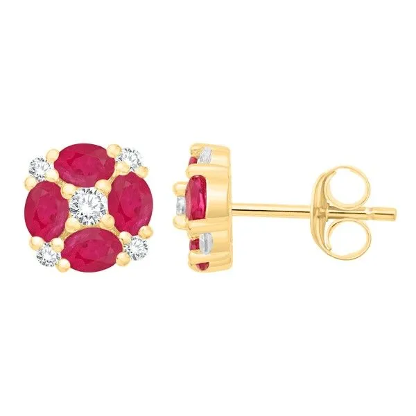14Kt Yellow Gold Oval Ruby Round Diamond Stud Earrings Swede's Jewelers East Windsor, CT