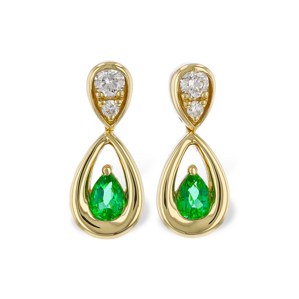 14Kt Yellow Gold Pear Shaped Emerald .20ctw with Diamond 12ctw Accents Drop Post-back Earrings Swede's Jewelers East Windsor, CT