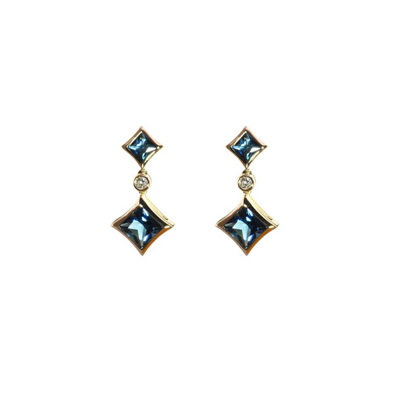 14Kt Yellow Gold London Blue Topaz Drop Earrings with Diamond Accents Swede's Jewelers East Windsor, CT