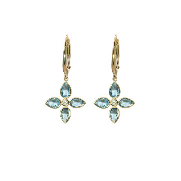 14Kt Yellow Gold London Blue Topaz Diamond Accent Flower Lever-back Dangle Earrings Swede's Jewelers East Windsor, CT
