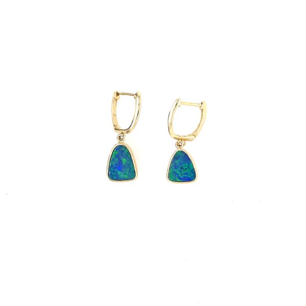 Parle 14Kt Yellow Gold Australian Opal Doublet Earrings Leverback Style Swede's Jewelers East Windsor, CT