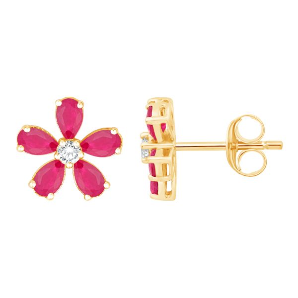 14Kt Yellow Gold Ruby Flower Stud Earrings with Diamond Accent Swede's Jewelers East Windsor, CT