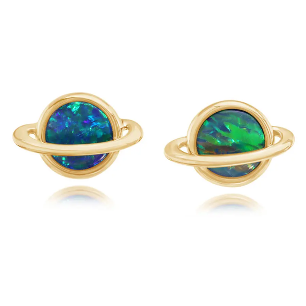14Kt Yellow Gold Australian Opal Doublet Saturn Stud Earrings Swede's Jewelers East Windsor, CT