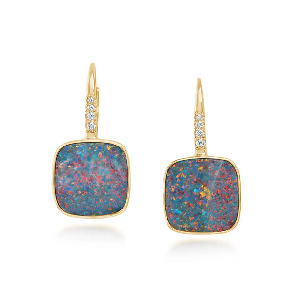 14K Yellow Gold Australian Opal Doublet with Accent Diamonds 0.092CTW  H-I SI2 Lever-back Drop Earrings Swede's Jewelers East Windsor, CT