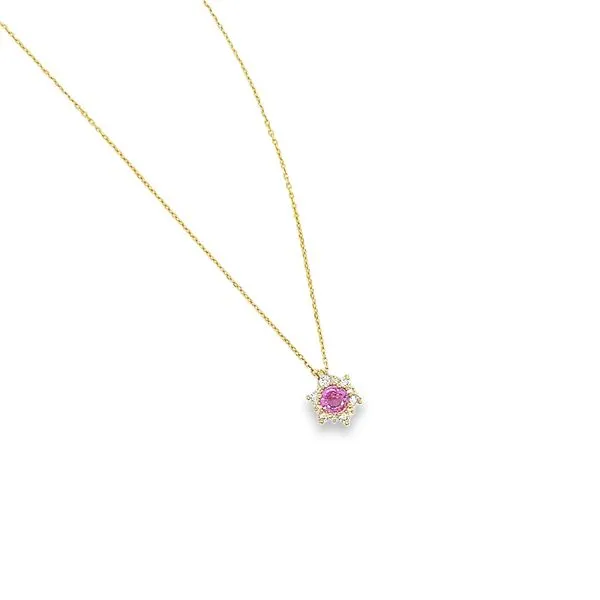 14Kt Yellow Gold Pink Sapphire Diamond Pendant on 18