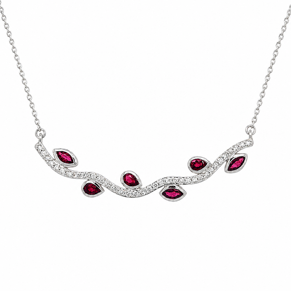 14Kt White Gold Ruby & Diamond Wavy Bar Necklace 18