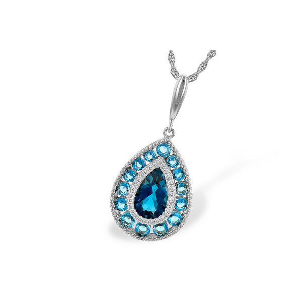 14Kt White Gold London & Swiss Blue Topaz Pendant with Diamond Accents on 18