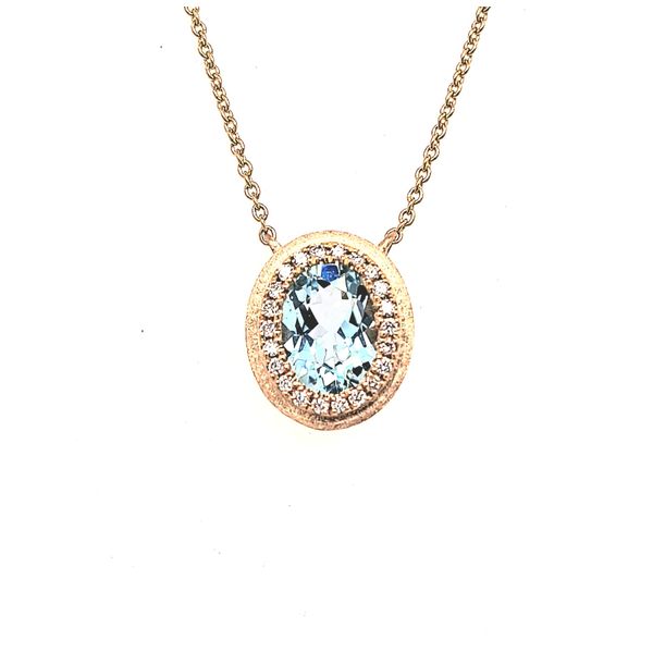 14Kt Rose Gold Aquamarine Diamond Halo .12CTW Pendant on 18