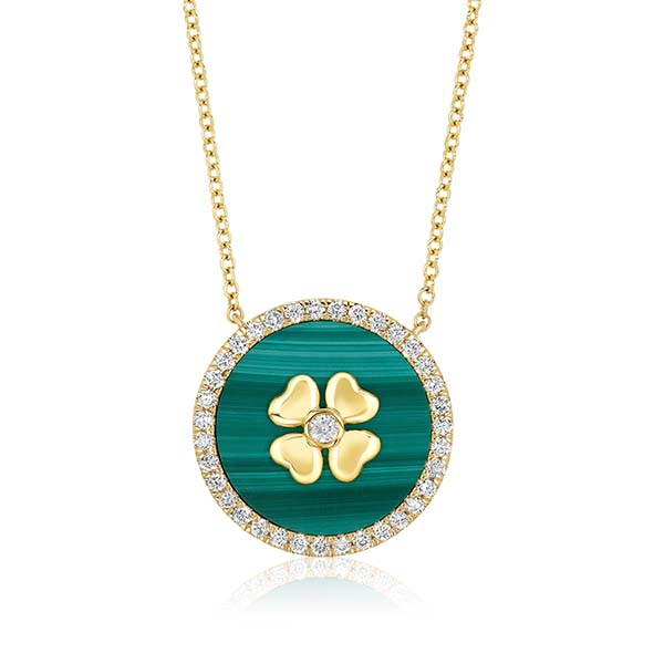 14Kt Yellow Gold Malachite Clover Necklace 18