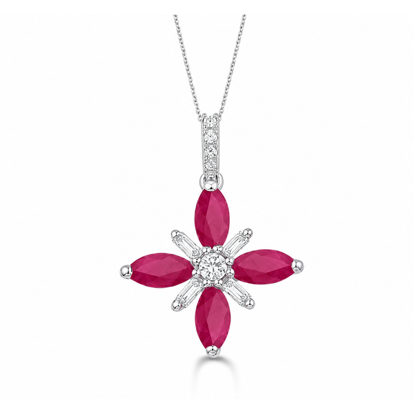 14Kt White Gold Flower Pendant Ruby 1.18CTW & Diamond .65CTW G-H/SI Swede's Jewelers East Windsor, CT
