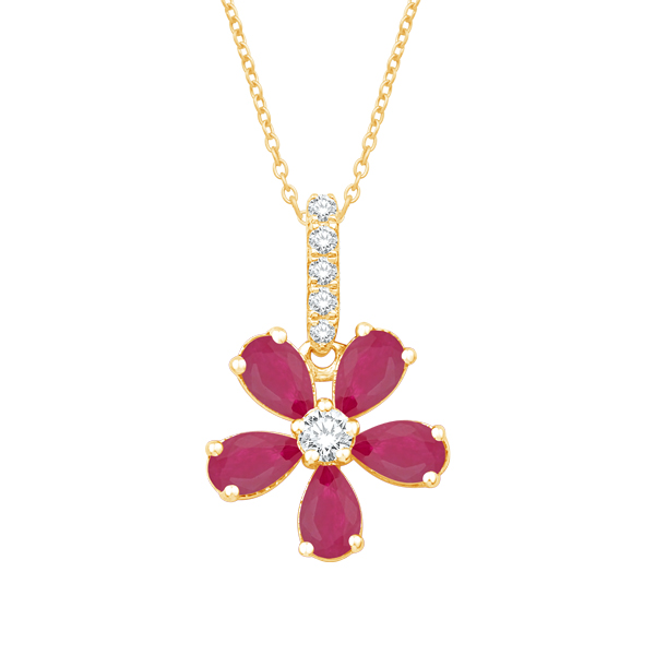 14Kt Yellow Gold Ruby 1.15CTW with .15CTW G-H/SI Diamond Accents Flower Pendant Swede's Jewelers East Windsor, CT