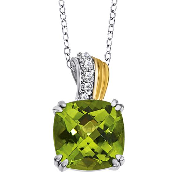 14Kt 2-Tone 8mm Peridot Cushion-cut with .04CTW G-H/SI Accent Diamonds Pendant Swede's Jewelers East Windsor, CT