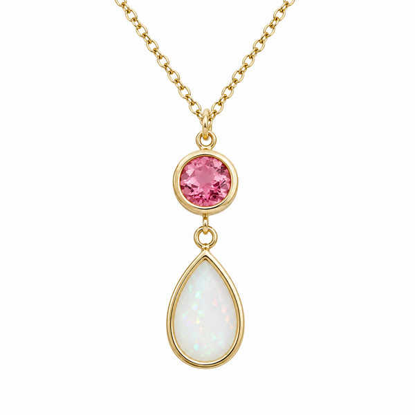 14kt Yellow Gold Pink Tourmaline and Opal Pendant on 18