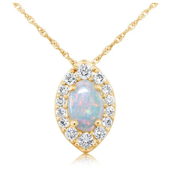 14Kt Yellow Gold 7x5mm Australian Opal with Diamond 0.258Ct H-I SI2 Halo Pendant Swede's Jewelers East Windsor, CT