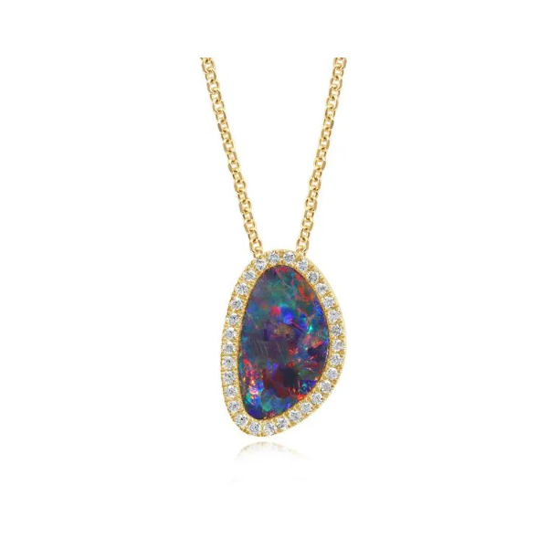 14Kt Yellow Gold Australian Opal 2.2CTW Diamond .18 H-I/SI2 Halo Pendant Swede's Jewelers East Windsor, CT