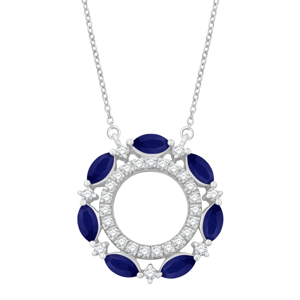 14Kt White Gold 7 Marq 5x2.3mm Sapphire 1.68CTW w/ 30 Rnd Diamond .44CTW G-H/I1 Necklace 18