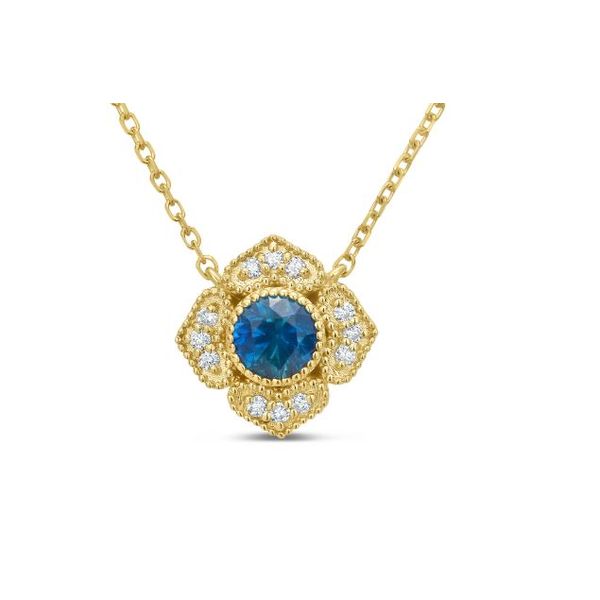 14KY Montana Sapphire Diamond Necklace, Sapphire 0.33 Cts round shape, Diamond 0.12 Cts round shape, 16