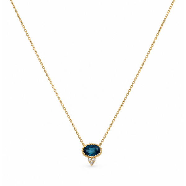 14 KY London Blue Topaz and Diamond Necklace, 0.41 Cts oval topaz, 0.02 Cts round diamond, 18
