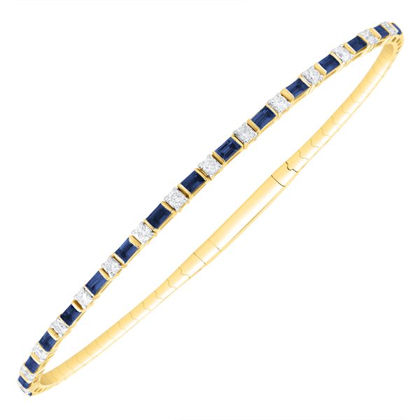 14k white gold flexible bangle with 16 straight baggette sapphires 1.45ct tw & 15 round brilliant cut Sapphires .41ct tw Swede's Jewelers East Windsor, CT