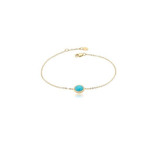 Carla 14Kt Yellow Gold Cable Link Bracelet With 8X6 Genuine Turquoise Stone, Chain Is Adjustable 7-7.5