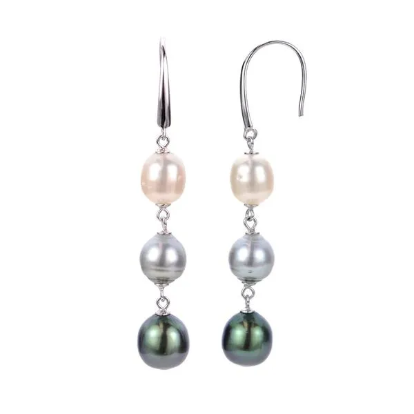 Imperial Sterling Silver 3 Pearl Dangle Earrings with  White, Tahitian Grey & Tahitian Dark Cultured pearls. Swede's Jewelers East Windsor, CT