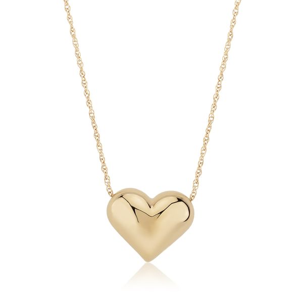 14kt Yellow Gold Puff Heart Pendant on Rope Chain Swede's Jewelers East Windsor, CT